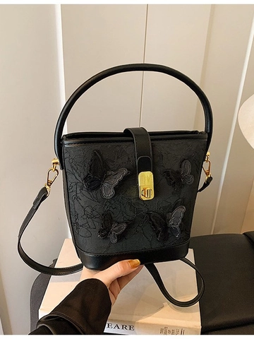 Bolso Bombonera para Mujer con Bordado de Mariposa y Encaje Cuero PU Elegante Bolso de Mano Pequeño con Cierre Metálico