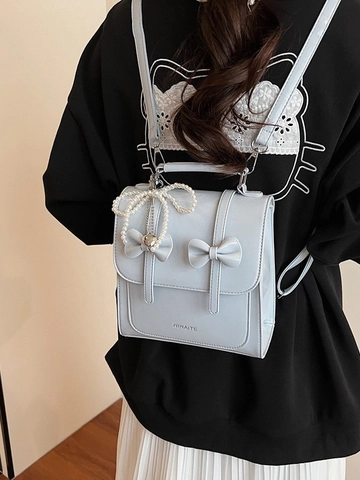 Mochila de Cuero PU para Mujer Con Lazos y Colgante de Perlas Elegante Bolso de Viaje de Charol Moda Bolso de Mano para Estudiante