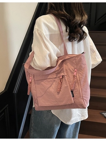 Solid Color Large Capacity Tote Bag Canvas Multi Pocket Shoulder Bag Lightweight Commuter Crossbody Bag Women Daily Handbag