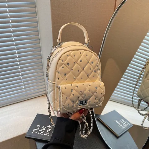 Women Mini Quilted Chain Backpack Luxury Rhinestone Fashion Small Shoulder Bag PU Leather Daily Commute Travel Handbag