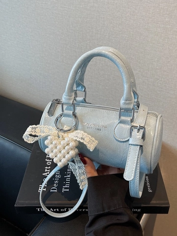 Bolso Bandolera Cilíndrico de Cuero PU Vintage para Mujer Bolso de Mano Boston Con Colgante de Corazón de Perla Artificial y Encaje