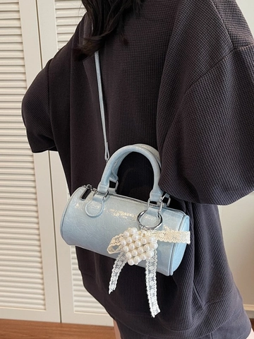Bolso Bandolera Cilíndrico de Cuero PU Vintage para Mujer Bolso de Mano Boston Con Colgante de Corazón de Perla Artificial y Encaje