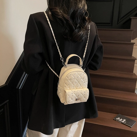 Women Mini Quilted Chain Backpack Luxury Rhinestone Fashion Small Shoulder Bag PU Leather Daily Commute Travel Handbag