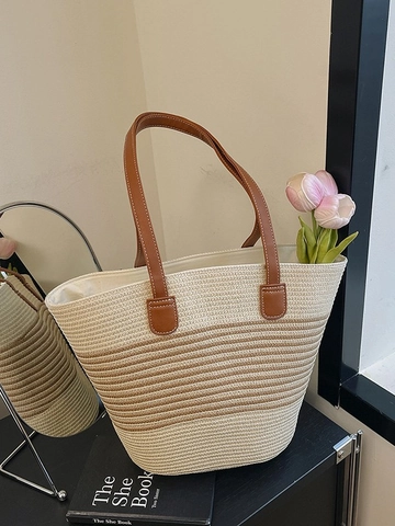 Women Large Capacity Woven Tote Bag Striped Straw Shoulder Bag Casual Summer Beach Bag Fashion Vacation Commuter Handbag