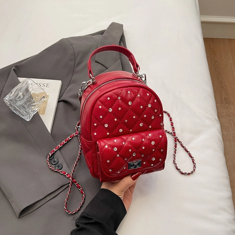 Women Mini Quilted Backpack Rhinestone Fashion Chain Shoulder Bag PU Leather Small Square Bag For Daily Travel Stylish Girl