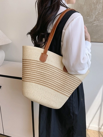 Women Large Capacity Woven Tote Bag Striped Straw Shoulder Bag Casual Summer Beach Bag Fashion Vacation Commuter Handbag