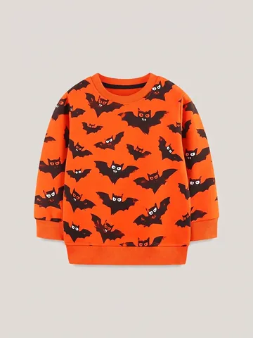 Sweatshirt en Coton Imprimé Chauve-souris Halloween pour Enfants Orange Col Rond Manches Longues Pullover Garçons Automne Décontracté Fête Top