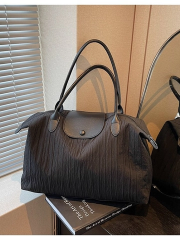 Women Large Capacity Crinkled Canvas Tote Bag Fashion Pleated Shoulder Bag With Snap Flap Zipper Closure For Daily Travel