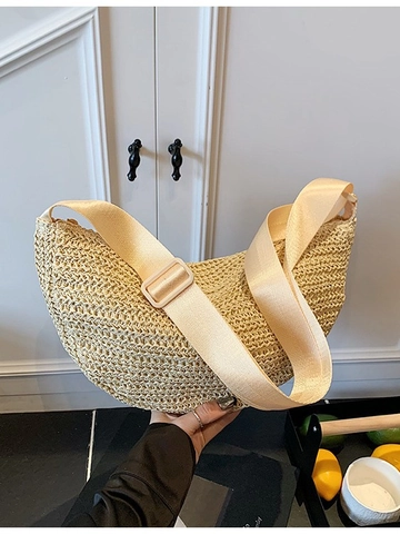 Bohemian Woven Straw Crossbody Bag For Women Summer Beach Vacation Half Moon Dumpling Shape Shoulder Bag Adjustable Strap