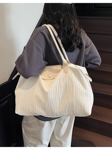 Women Large Capacity Crinkled Canvas Tote Bag Fashion Pleated Shoulder Bag With Snap Flap Zipper Closure For Daily Travel