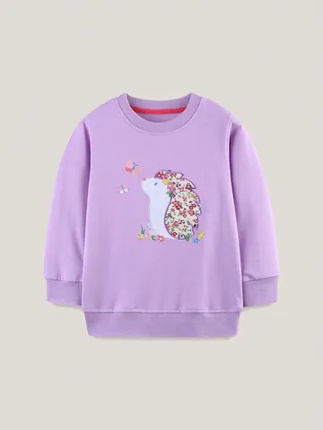 Felpa a Maniche Lunghe in Cotone per Bambine Viola Pullover con Ricamo Riccio Girocollo Top Casual Autunnale per Bambini