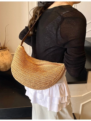 Bohemian Woven Straw Crossbody Bag For Women Summer Beach Vacation Half Moon Dumpling Shape Shoulder Bag Adjustable Strap