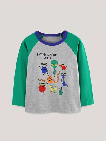 Maglietta a Maniche Lunghe da Ragazzo con Stampa Aliena Luminosa Cotone Raglan Manica Si Illumina Al Buio Cartone Animato Girocollo