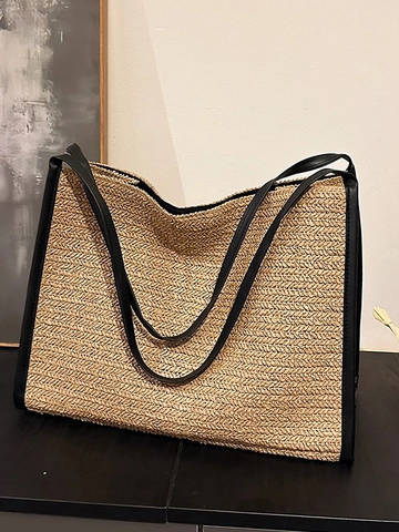 Γυναικεία Casual Υφαντή Τσάντα Tote από Άχυρο Μεγάλη Χωρητικότητα Τσάντα Ώμου Παραλίας Με Διακόσμηση από Συνθετικό Δέρμα