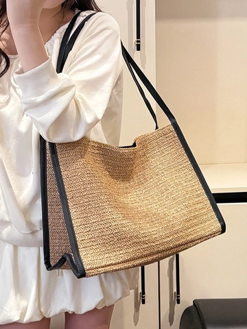 Γυναικεία Casual Υφαντή Τσάντα Tote από Άχυρο Μεγάλη Χωρητικότητα Τσάντα Ώμου Παραλίας Με Διακόσμηση από Συνθετικό Δέρμα