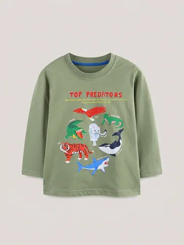 Maglietta a Maniche Lunghe da Bambino in Cotone Girocollo Stampa Grafica Animali Predatori Autunno Stile Occidentale Casual