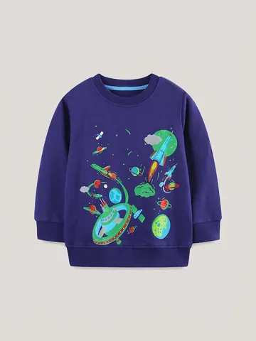 Sweat-shirt en 100% Coton pour Garçons Motif Espace Fusée Dessin Animé Pullover Enfants Manches Longues Col Rond Décontracté
