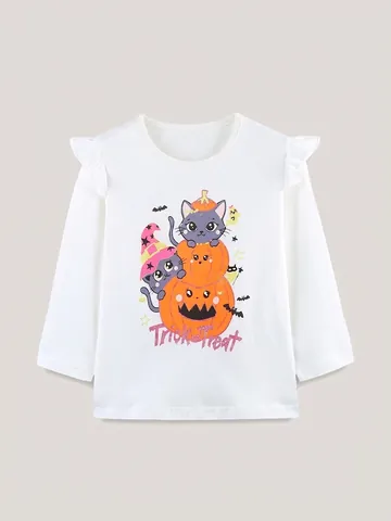 Maglietta a Maniche Lunghe in Cotone Halloween per Bambine Stampa Zucca Gatto Volant Maniche a Farfalla Girocollo Top Autunno