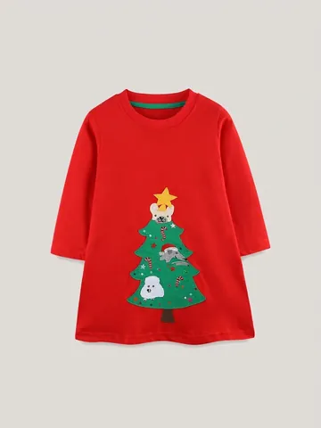 Abito da Bambina a Maniche Lunghe Natalizio in 100% Cotone Lavorato a Maglia Ricamo Albero Rosso per Festa di Natale