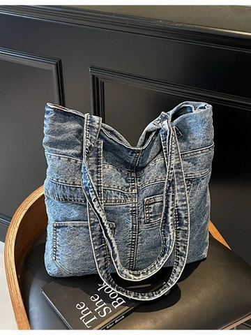 Vintage Washed Denim Tote Bag For Women Large Capacity Shoulder Bag Casual Commuter Underarm Bag With Decorative Pockets