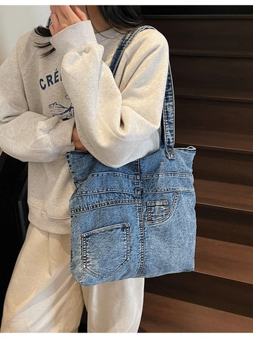 Vintage Washed Denim Tote Bag For Women Large Capacity Shoulder Bag Casual Commuter Underarm Bag With Decorative Pockets