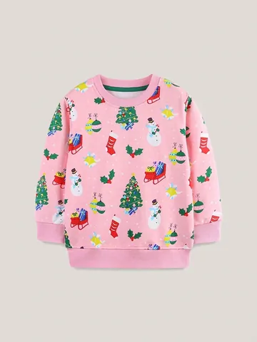 Felpa da Bambina con Stampa Cartoon Natalizia in Puro Cotone a Maniche Lunghe Girocollo Pullover per Autunno Festivo Casual