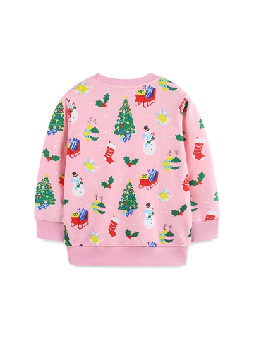 Felpa da Bambina con Stampa Cartoon Natalizia in Puro Cotone a Maniche Lunghe Girocollo Pullover per Autunno Festivo Casual