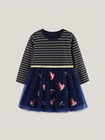 Robe en Coton à Rayures et Manches Longues pour Filles Avec Jupe en Tulle Bleu Marine Broderie d'Oiseau et de Fleurs