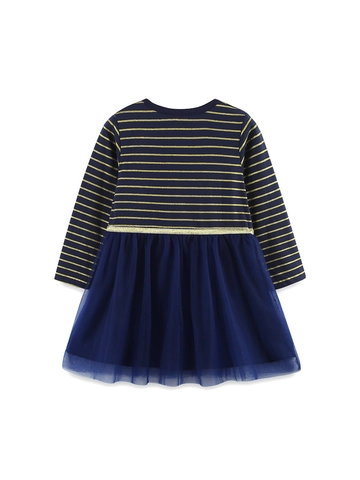 Robe en Coton à Rayures et Manches Longues pour Filles Avec Jupe en Tulle Bleu Marine Broderie d'Oiseau et de Fleurs
