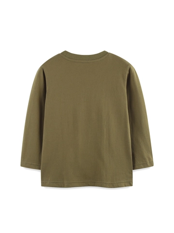 Maglietta a Maniche Lunghe in Cotone per Ragazzi Verde Oliva Stampa Cartoon Escavatore Cantiere Top Autunnale