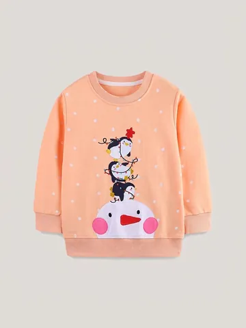 Felpa di Cotone Natalizia per Bambina Pois Pinguino Pupazzo di Neve Ricamato Manica Lunga Girocollo Top Casual
