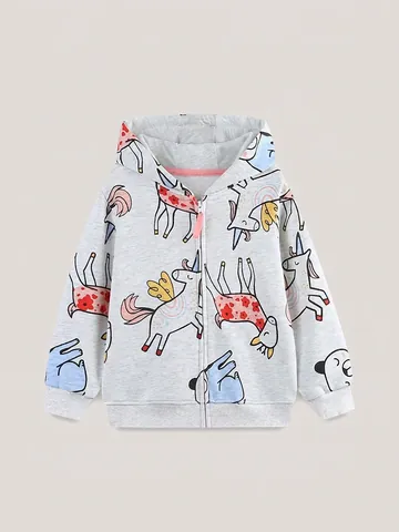 Chaqueta Sudadera con Capucha Casual para Niñas Mezcla Algodón Estampado Unicornio Dibujos Animados Manga Larga Otoño con Cremallera