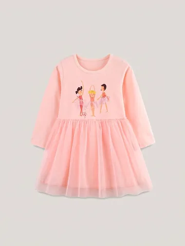 Robe à Manches Longues pour Fille Imprimé Ballerine en Tricot de Coton et Maille Rose Robe de Princesse Automne