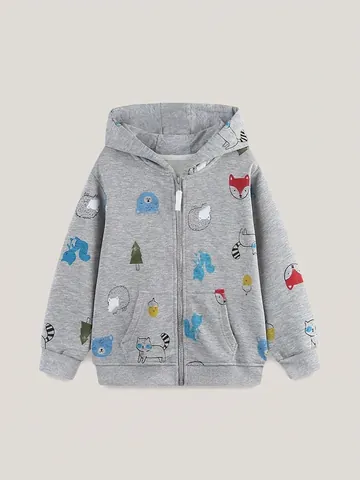 Giacca da Ragazzo con Cappuccio e Cerniera Autunno Misto Cotone Maglia Stampa Animali Cartone Animato Felpa Grigio