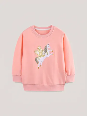Sweat-shirt en Coton pour Filles Licorne Brodée Manches Longues Col Rond Pullover Style Occidental Sportswear Automne Rose