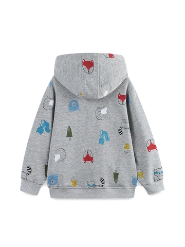 Giacca da Ragazzo con Cappuccio e Cerniera Autunno Misto Cotone Maglia Stampa Animali Cartone Animato Felpa Grigio