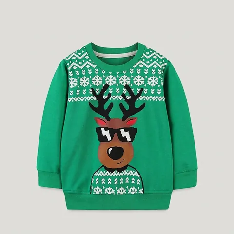 Sweatshirt Enfant Style Occidental Imprimé Renne Noël Garçons Manches Longues Pull Coton Hiver Vacances Vert Festif