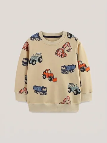 Boys Cotton Crew Neck Sweatshirt Cartoon Construction Vehicle Print Long Sleeve Pullover Tops Fall Casual Kids Clothing