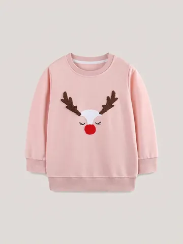 Sudadera de Algodón Bordada con Reno de Navidad para Niñas Pequeñas Manga Larga Otoño Pullover Casual Sudadera con Capucha