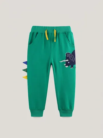 Toddler Boys Cotton Sweatpants Green Dinosaur Embroidery Joggers For Kids Sports Casual Elastic Waist Trousers