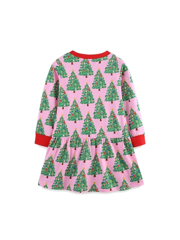 Mädchen Langarm Weihnachtsbaum Druck Baumwollkleid Rosa Prinzessin Feiertags Outfits Für Kleinkinder Festliche Kleidung