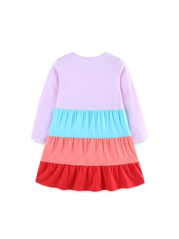 Girls Patchwork Long Sleeve Dress 100% Cotton Round Neck Tiered Skirt Western Style Casual Autumn Spring Clothing