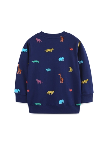 Sudadera de Algodón con Estampado de Animales para Niños y Niñas Jersey de Cuello Redondo Manga Larga Azul Oscuro