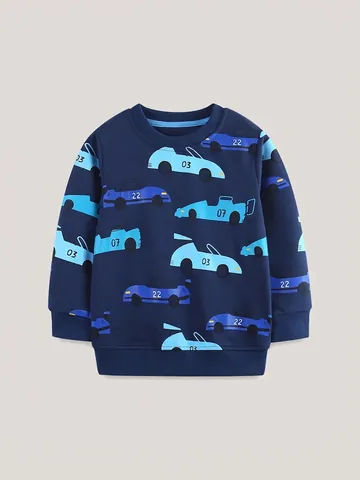 Felpa in Cotone da Ragazzo Pullover Blu Notte Stampa Auto Cartoon Girocollo Manica Lunga Top Casual per Bambini Autunno