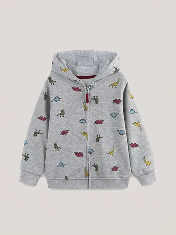Kids Boys Hooded Zip Up Jacket Dinosaur Printed Cotton Blend Sweatshirt Long Sleeve Autumn Casual Playful Outerwear Clothes
