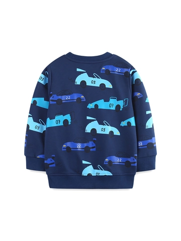 Felpa in Cotone da Ragazzo Pullover Blu Notte Stampa Auto Cartoon Girocollo Manica Lunga Top Casual per Bambini Autunno