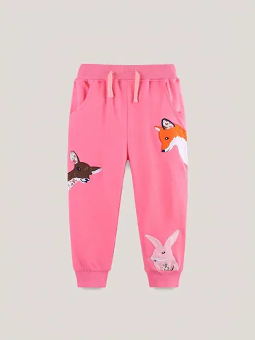 Girls Cotton Jogger Pants European American Style Pink Kids Animal Applique Embroidery Casual Sporty Sweatpants With Drawstring