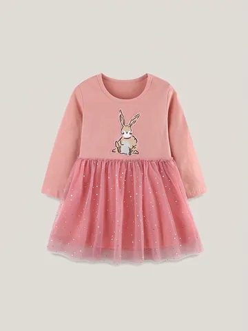 Robe Tutu en Maille Rose à Manches Longues pour Fillettes Avec Broderie Lapin Robe de Princesse à Paillettes pour Fête