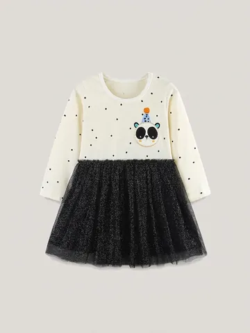 Robe de Fille à Manches Longues à Pois et Épissage en Maille Broderie Panda Princesse Tulle Tutu Fête Automne Vêtement