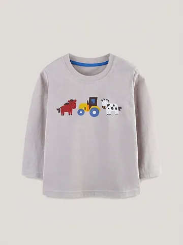 Αγόρια Μακρυμάνικο Βαμβακερό T-Shirt Μόδα Γκρι Φθινόπωρο Παιδικό Top Στρογγυλή Λαιμόκοψη Κινούμενα Σχέδια Ζώα Φάρμας Τρακτέρ Εκτύπωση